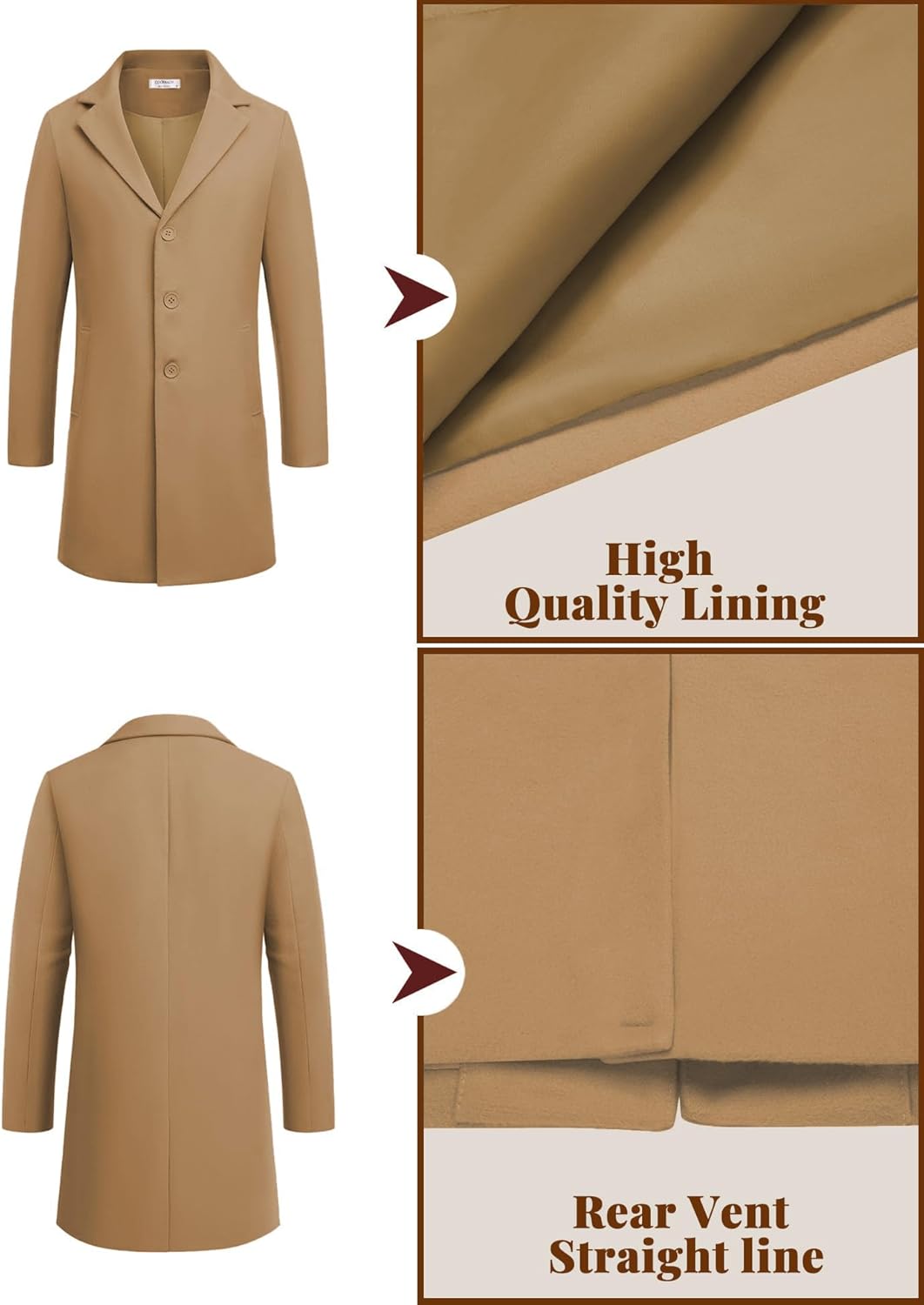 COOFANDY Mens Wool Blend Coat Winter Trench Coats Notched Lapel Collar Single Breasted Overcoat Classic Peacoat With Pockets