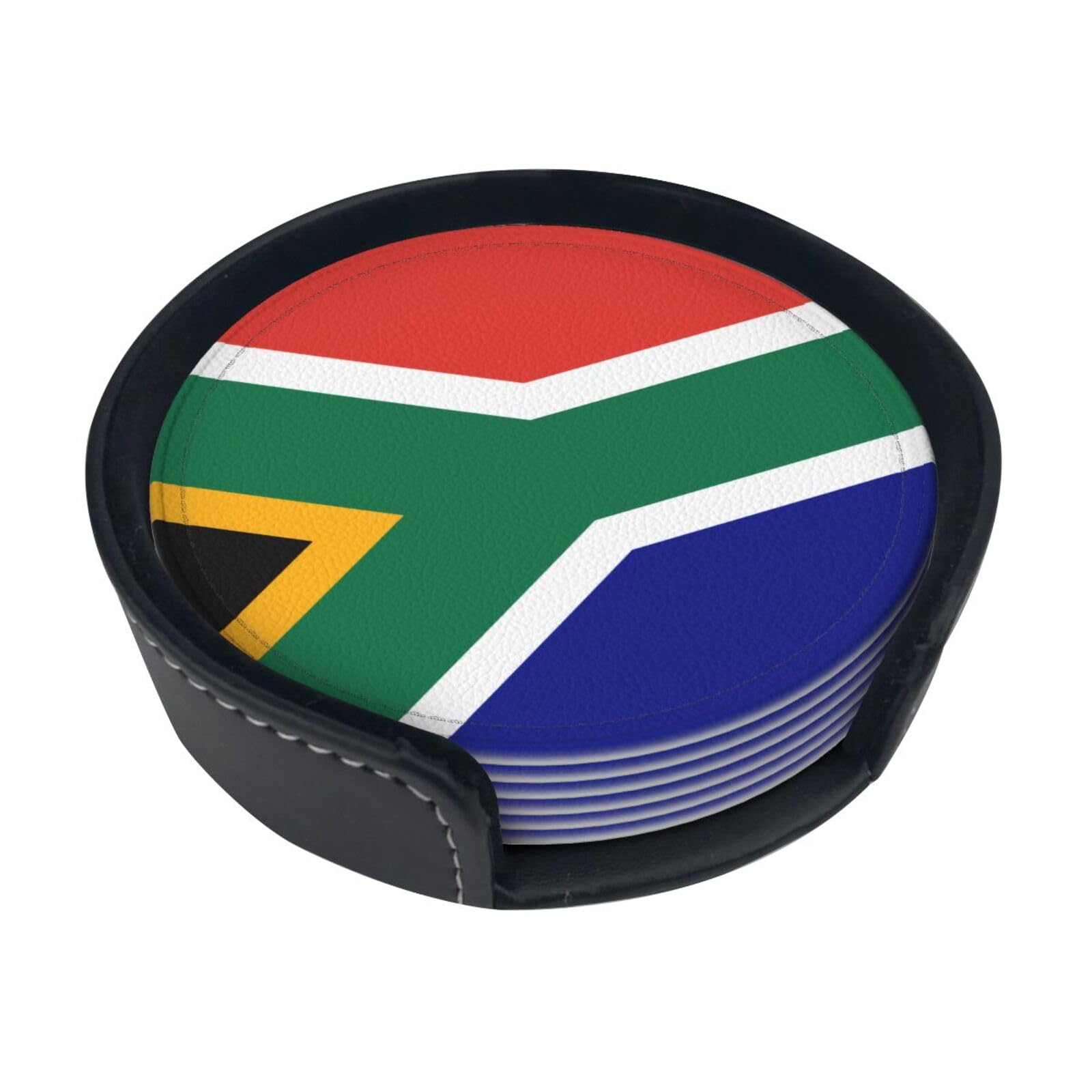 Cntdbu White South African Flag Leather Coasters Set Of 6-Pu Leather Drink Mats For Table, Heat Resistant Round Coasters With Holder