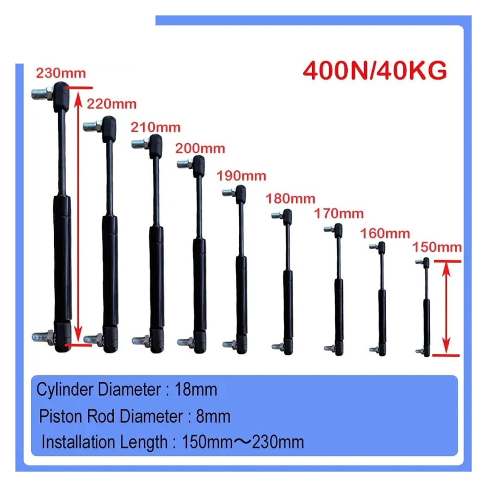 Amortiguador de resorte de gas, barra de puntal de soporte de elevación hidráulica de 150 mm-230 mm 400 N/40 KG(18-8-75-230)