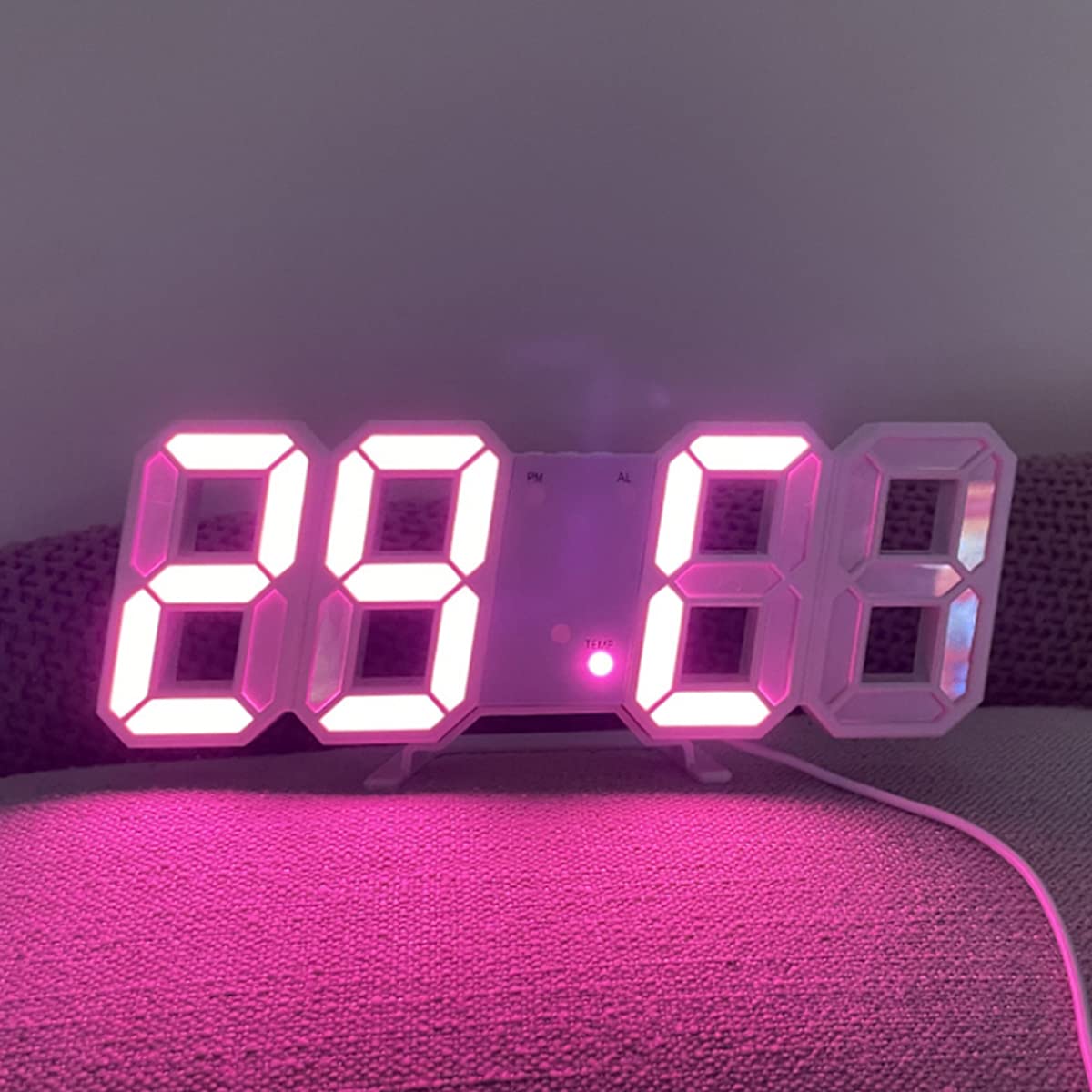 Beauenty 3D LED Digital Alarm Clock Table Wall Modern Alarm Clock Multifunctional Number Time Clock, Brightness Adjustable Temperature Display for Bedroom Office Home (White-Pink)