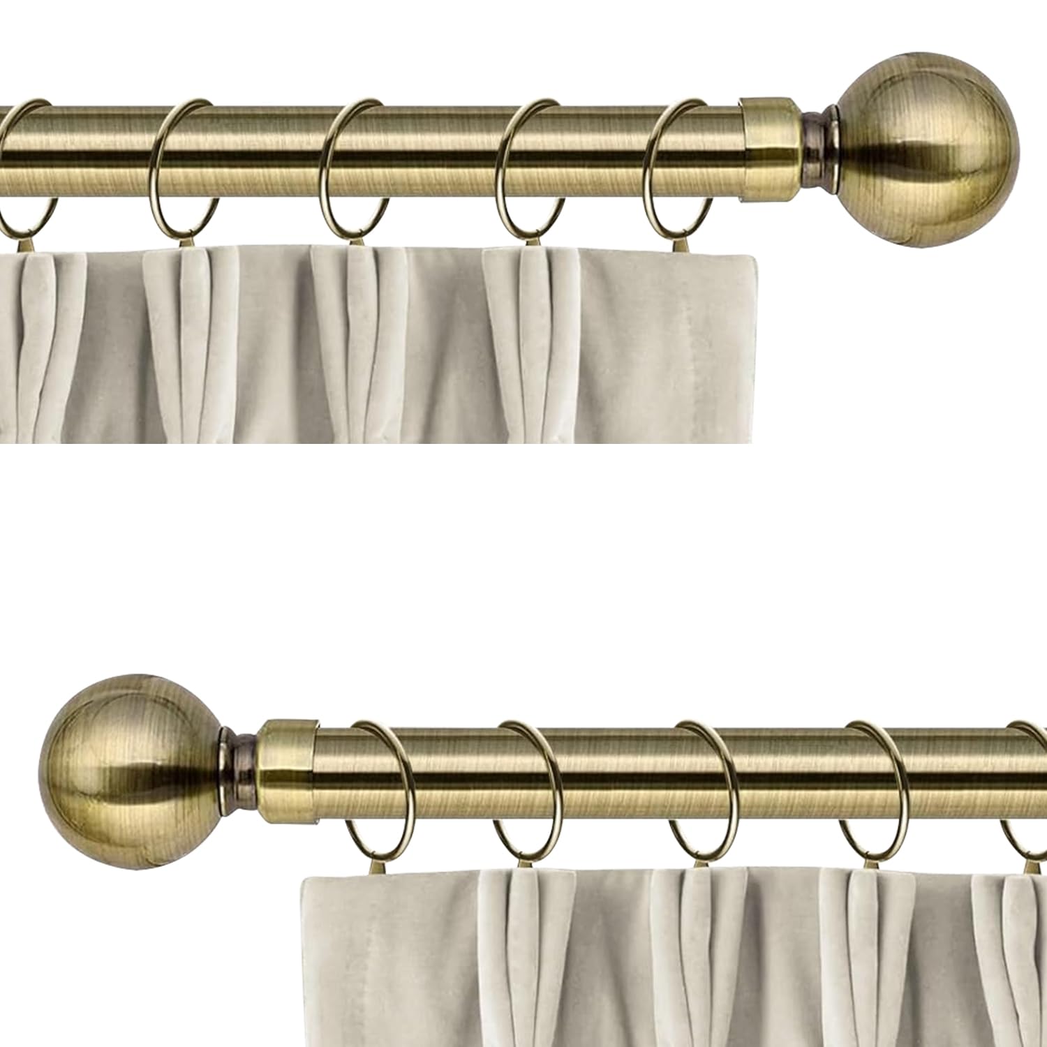 Aspire Homeware Curtain Poles Metal Plain Ball 2 Pack Extendable Curtain Pole 70 cm to 120 cm Antique Brass Adjustable Curtain Rod 28 mm Diameter with 60 mm Finials, Rings, Brackets, and Fittings Set — image 1