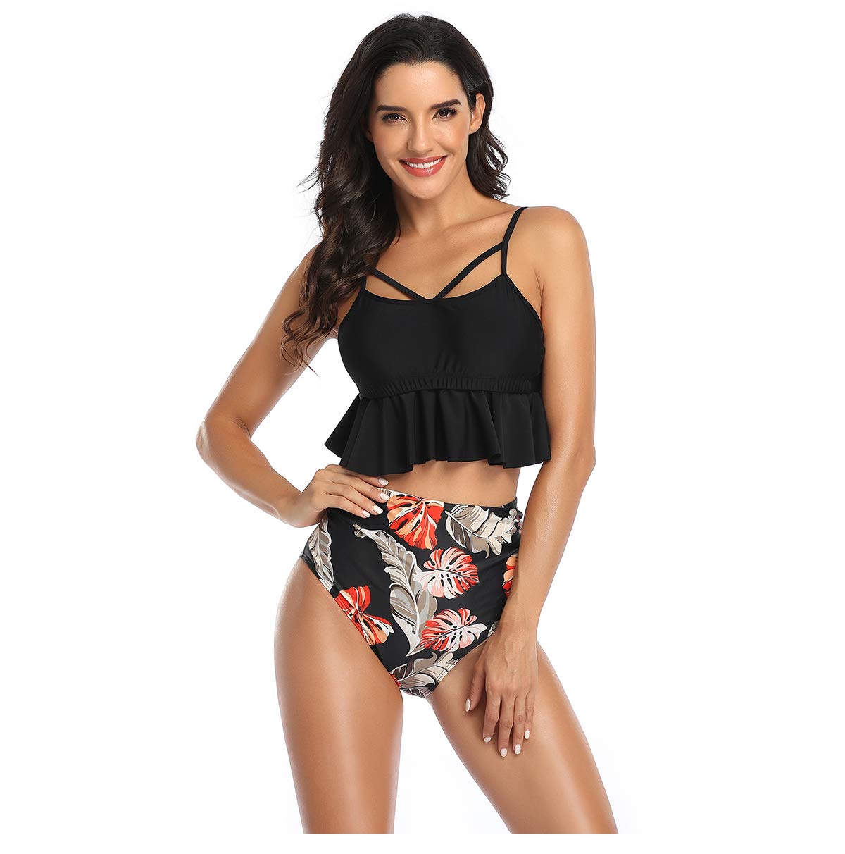 VJJ AIDEARWomen Swimsuit High Waist Flounce Bikini Set Halter Ladies Swimming Costume Two Pieces Beach Bathing Swimwear(Black,L)