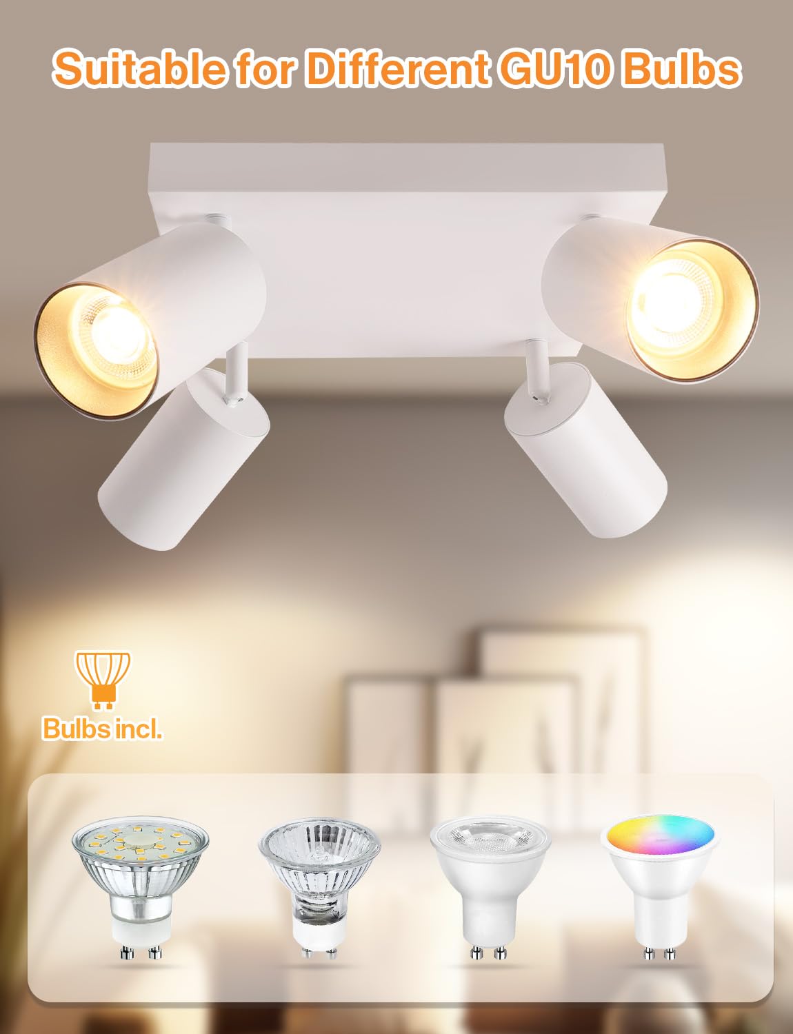 KYOTECH Lampara Techo LED de 1 luz Blanco, Focos Techo Orientable de 350° + 90° de Aluminio GU10 Blanco Cálido 2700K 5W 400LM, Moderna Focos LED Interior Techo Para Cocina Salón (Bombilla Incluida) | Incluye bombillas LED GU10, aluminio moderno foco LED d