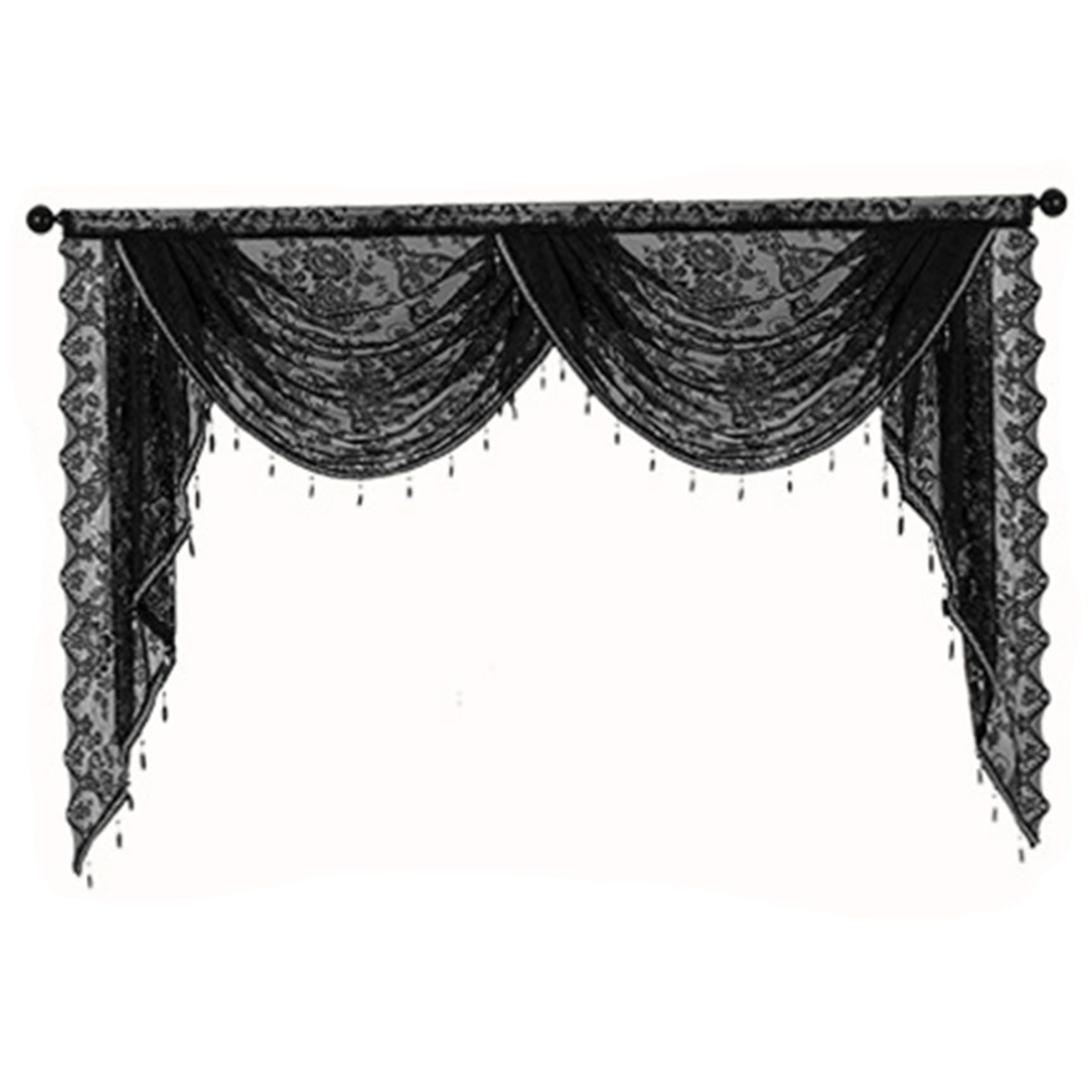 Nukinp Waterfall Valance with Bead Tassels 59x41 Vintage Floral Black Lace Curtains Semi Sheer Rod Pocket Gothic Curtain for Halloween, Bedroom, Living Room