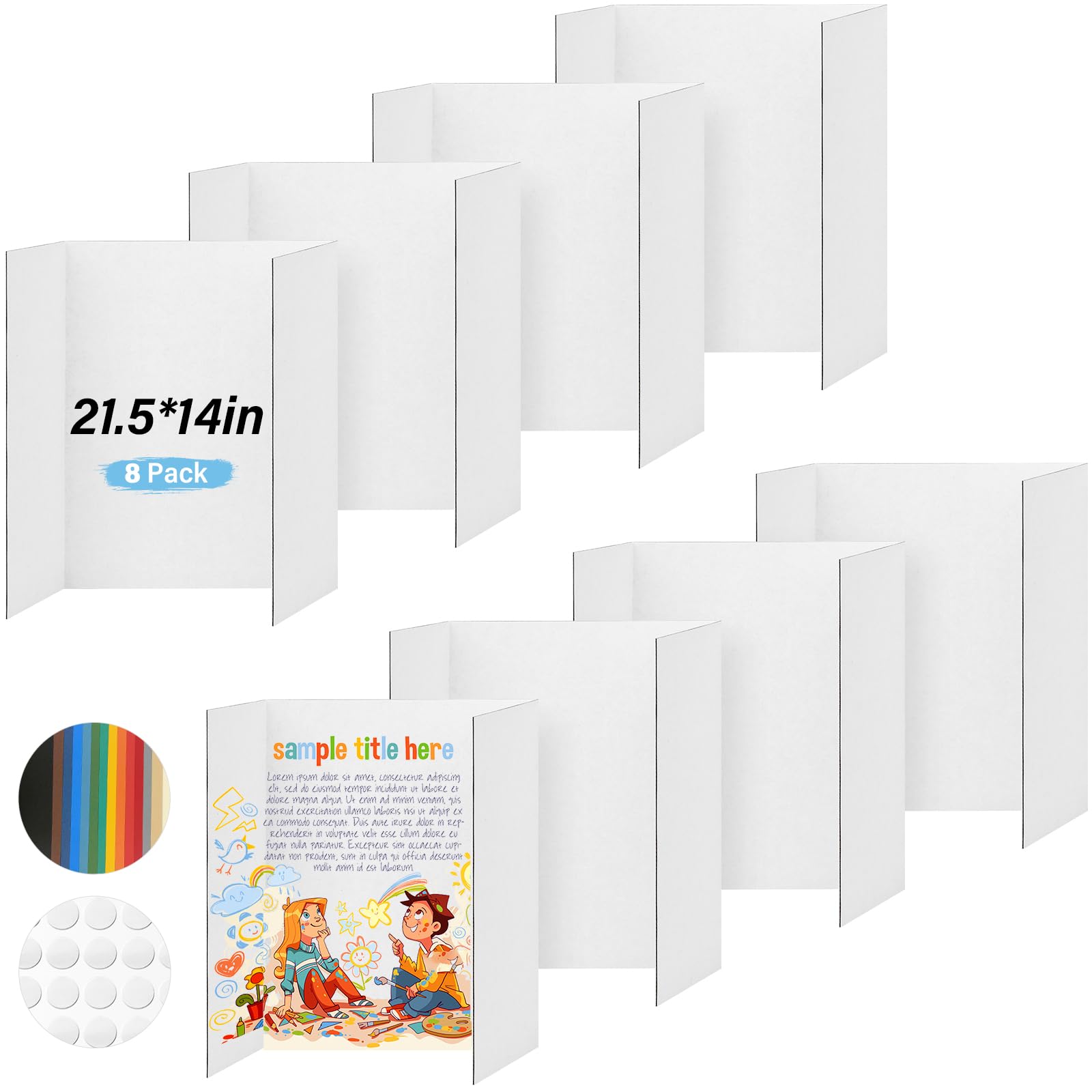 8 Pcs Trifold Poster Board, 21.5x14 inches Small White Poster Board Comes with Sticky Accessories, Corrugated Presentation Boards, Display Board for School Projects, Business Presentations
