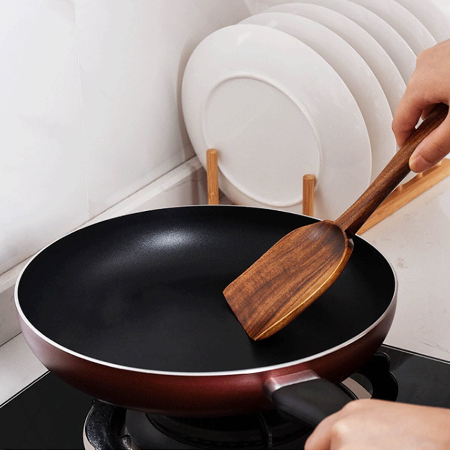 Cuchara de Café de Teca Natural Cuchara Agitadora de Mango Largo Espátula de Cocina Juegos de Utensilios de Cocina de Madera Ecológicos Antiadherentes, Paquete de 6