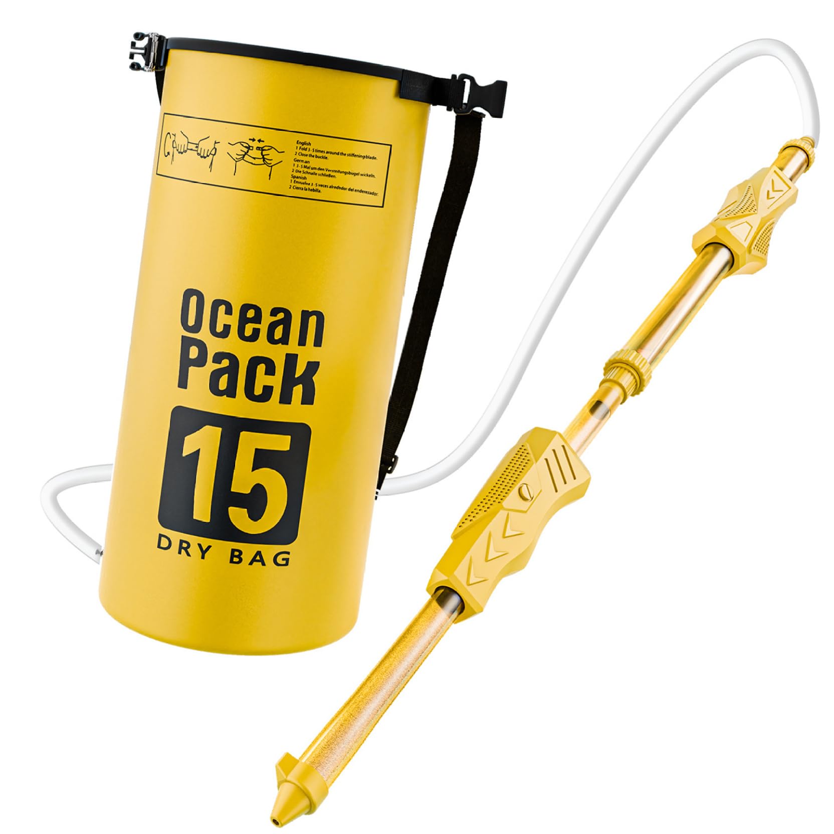 Pistola de Agua con Tanque Mochila 15L, Pulverización de Larga Distancia, PVC Amarillo para Exteriores