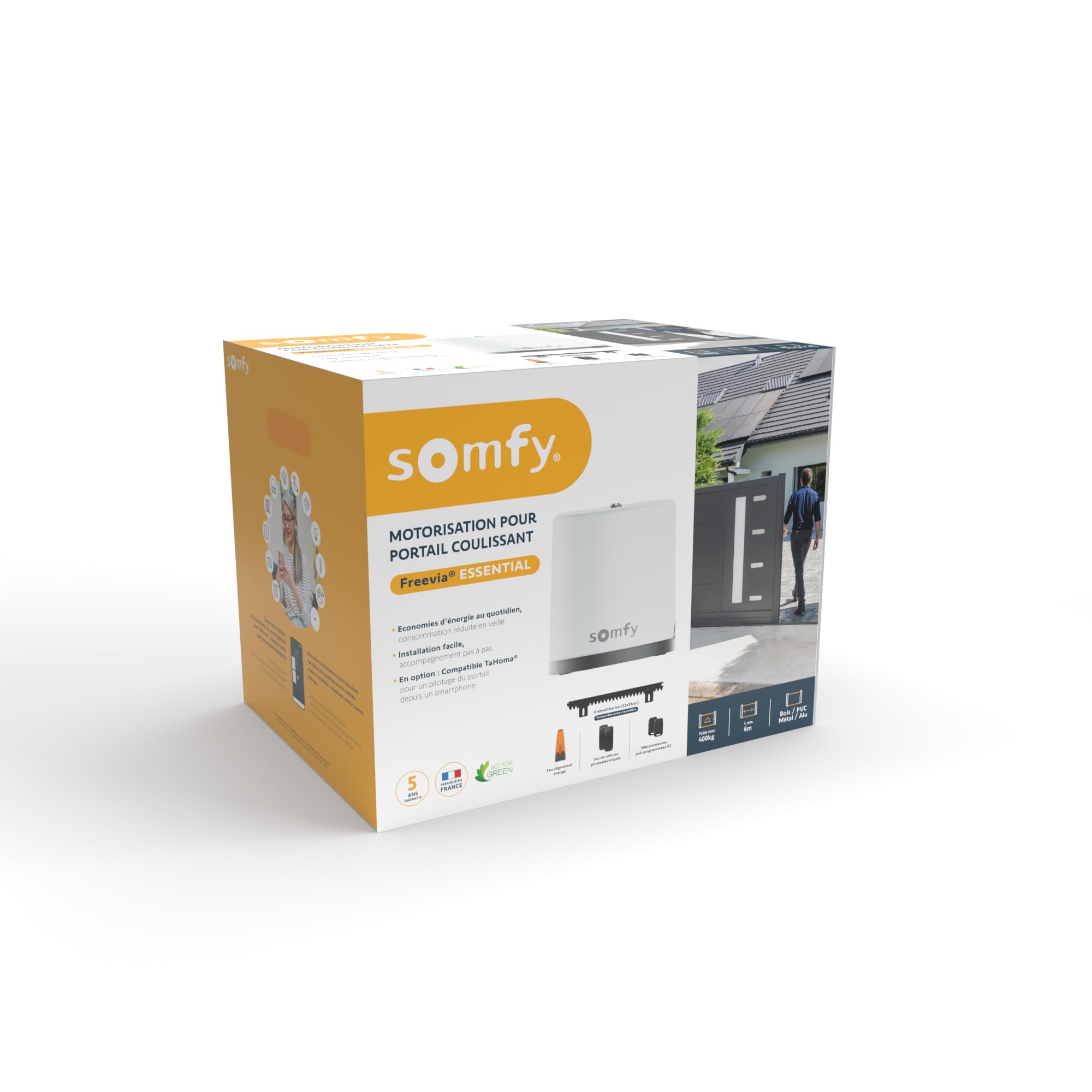Somfy 1246277 - Motorisation Freevia Essential pour portail coulissant | Livrée avec 2 télécommandes Keypop RTS, feu clignotant, cellules & 4m de crémaillère| Compatible app TaHoma