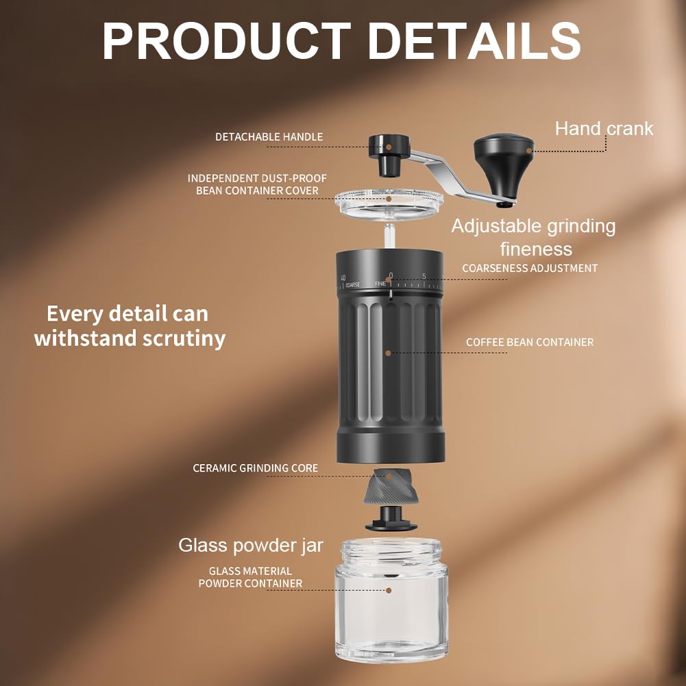 HOTUT Manuelle Kaffeemühle, Handkaffeemühle mit hochpräzisen Keramik-Kegelmahlwerk, Externe Verstellbarer Mahlgrad von grob bis fein, Handmühle kaffee für Zuhause, Büro, Reise