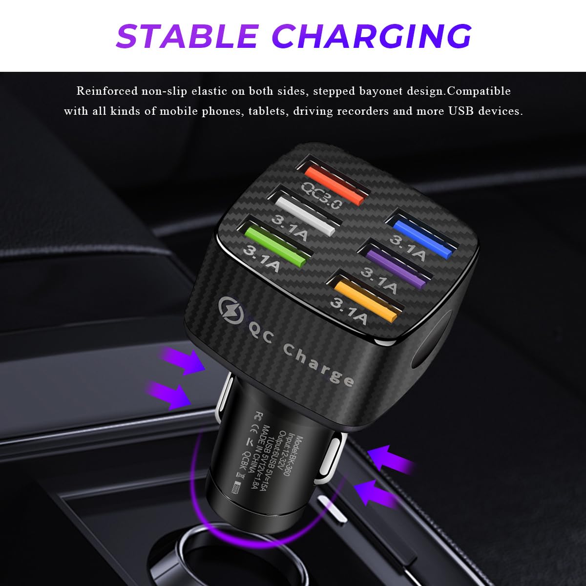 Wevdn Adattatore per caricabatterie da auto, 6 porte USB multi porta per ricarica rapida accendisigari, caricabatterie rapido per auto, include QC 3.0 e 5 altre porte per la maggior parte dei telefoni