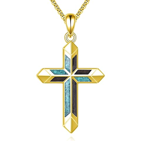 YFN Turquoise and Wood Cross Pendant Necklace, S925 Sterling Silver, Black Religious Jewelry for Men Women Chain 22+2