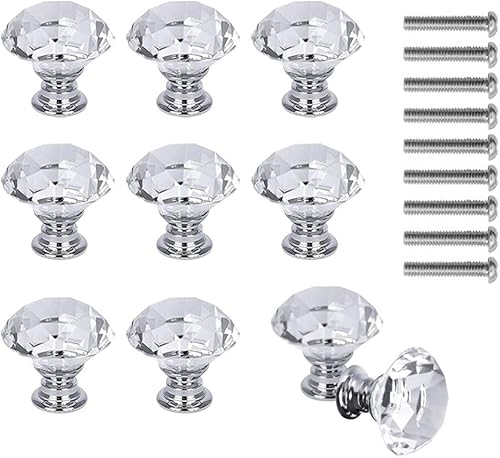 Miniatura 1 de 10 pomos de cristal para gabinete, 1.181 in con forma de diamante, manijas de cajón de cristal blanco transparente para armarios de cocina,