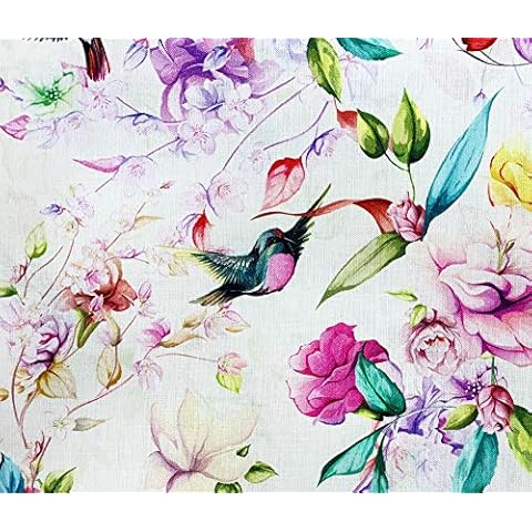 100% Cotton Fabric - Magnolia Flower & Hummingbird Print - Fabric Craft Material Metre Cover