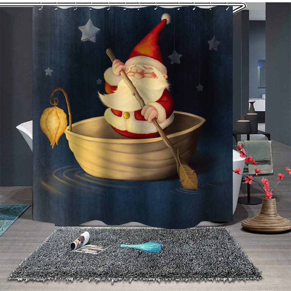 BdhBHDuio Christmas Decoration Santa Boating Stars Night Non-Slip mat Shower Curtain Waterproof 180 * 180CM Bathroom Decoration 12 Bath Hook