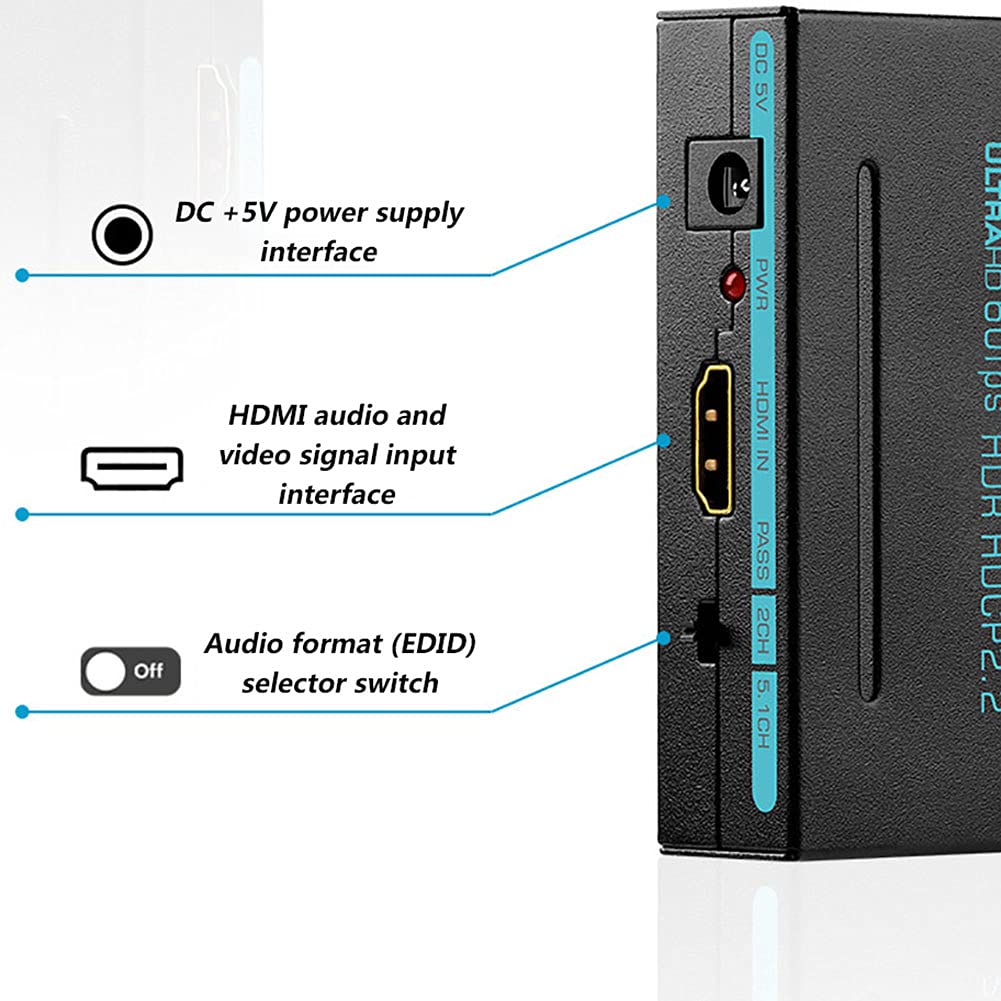 Décodeur audio, séparateur audio HDMI 2.0, prise en charge 4K60Hz AC3 DTS R/L décodeur 5.1 de séparation audio, convertisseur vidéo et audio de sortie analogique stéréo, prise en c