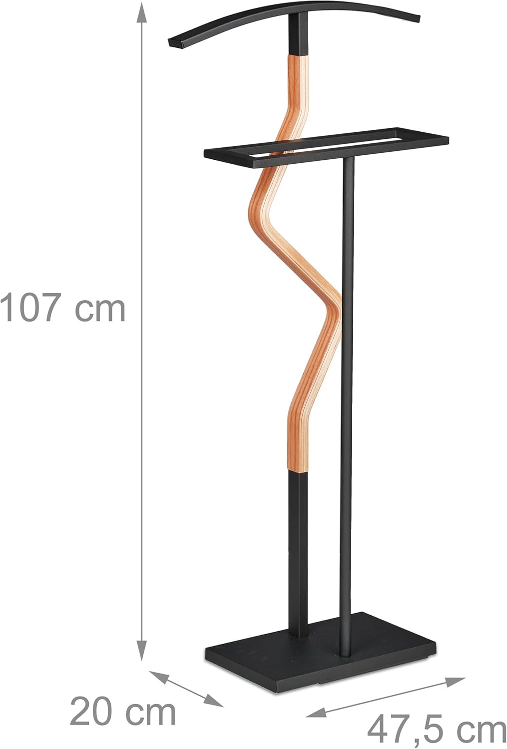 Diagram showing all parts of the Relaxdays Valet Stand with dimensions