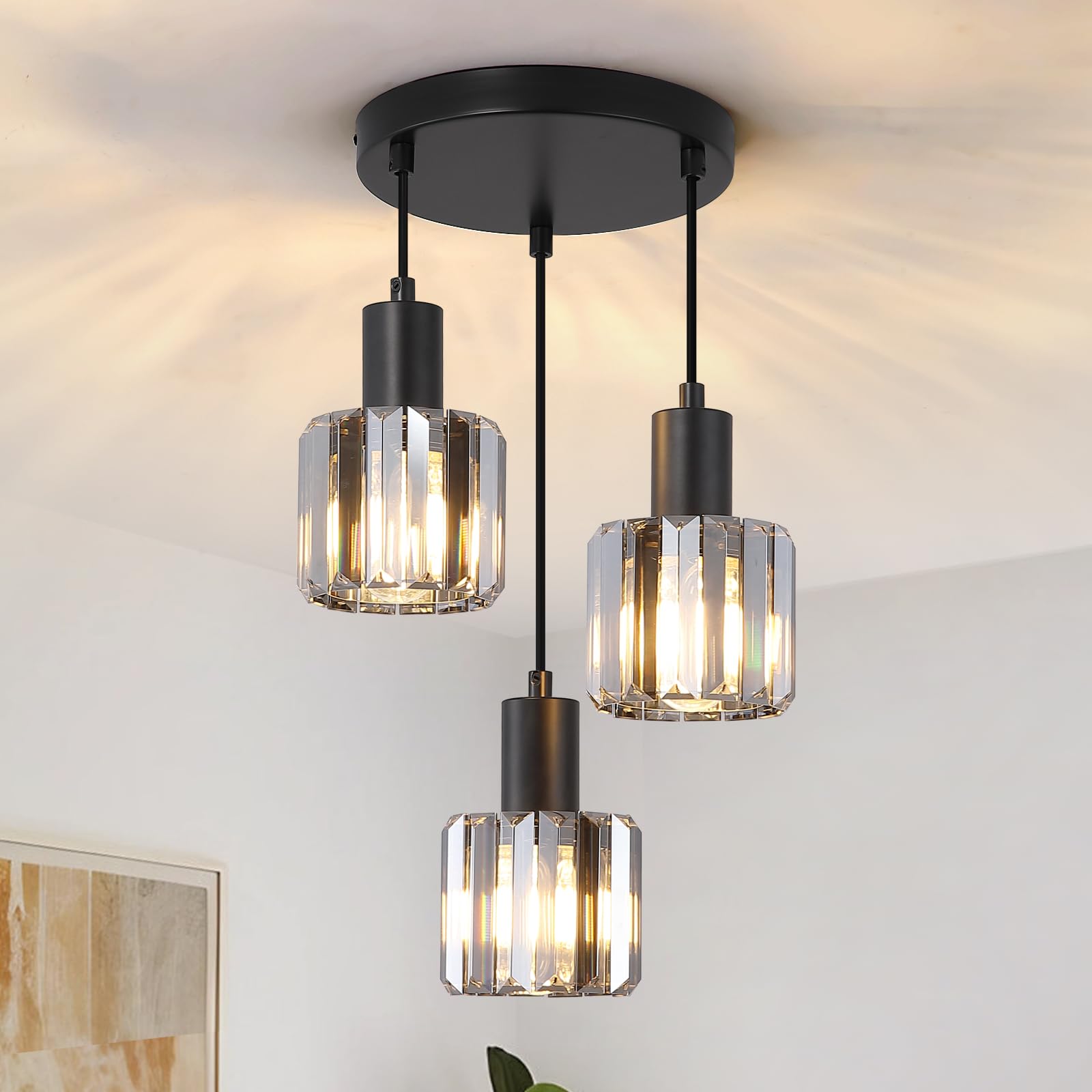 Modern Kristall Pendelleuchte Esstisch Hängelampe Schwarz, 3-flammig Deckenlampe Hängend Wohnzimmer, Glas hängelampe für Schlafzimmer, Küche, Flur, Badezimmer (Aschegrau)