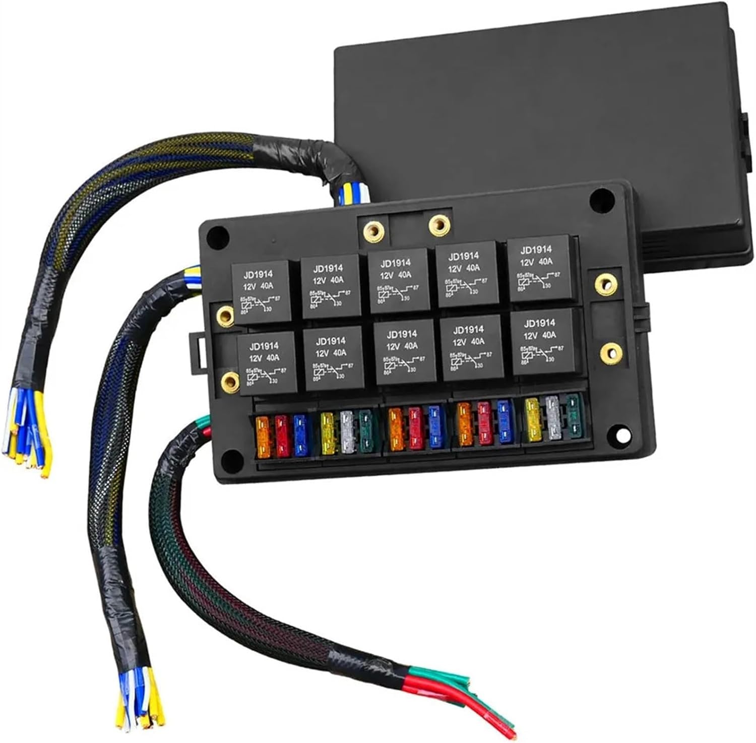 Unifizz 24V Fuse and Relay Box with 10pcs 5-Pin JD1914 40A Relay 15 ATC/ATO Blade Fuse, Universal Waterproof Fuse Relay Box for Automotive Car Truck Marine Boat