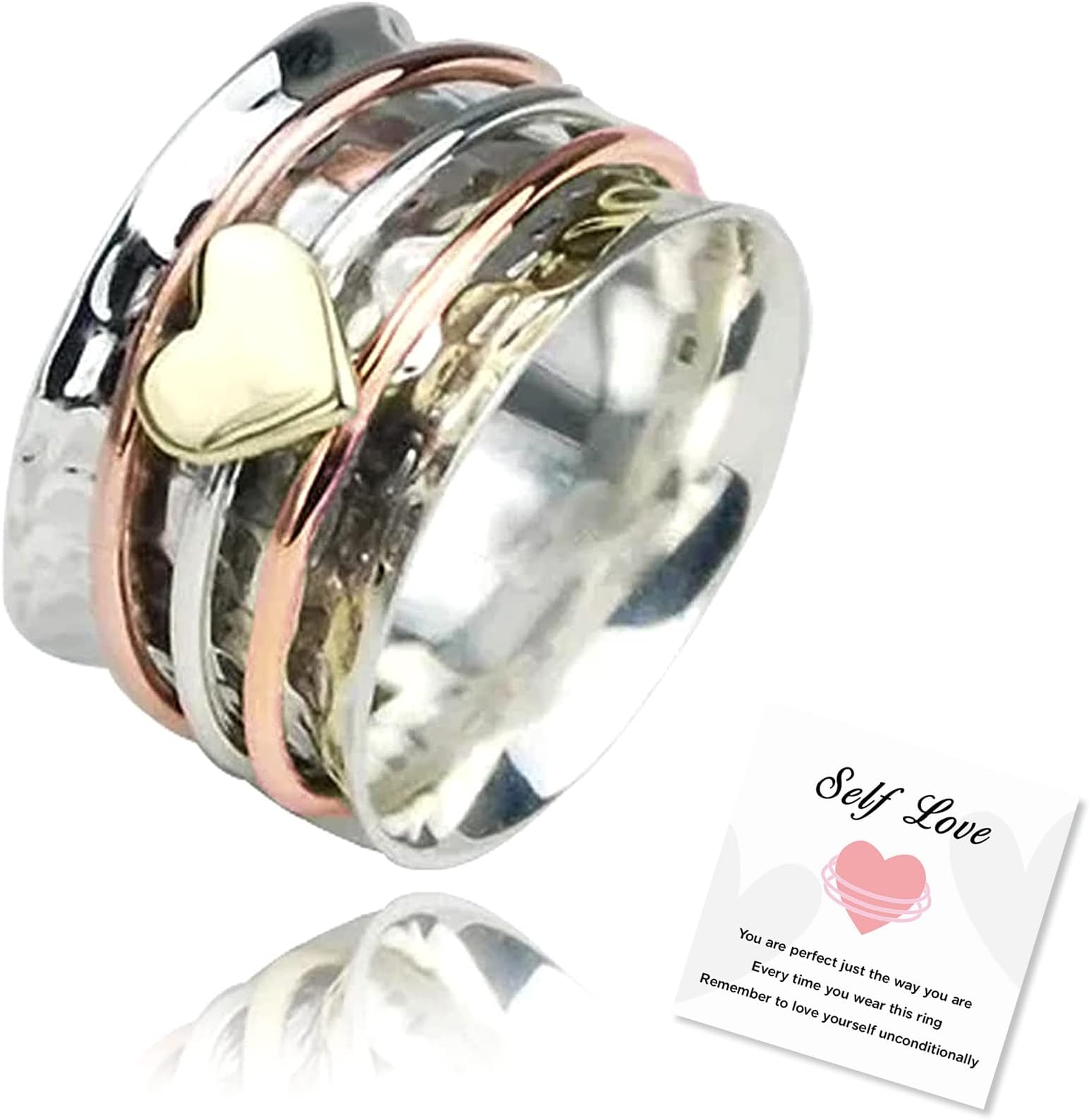 GmaiSelf Love Spinner Heart Ring Silver Plain Hammered Spinner Band Rings Anxiety Relief Heart Design Fidget Spinner Wide Band Ring Love Ring Gift for Women