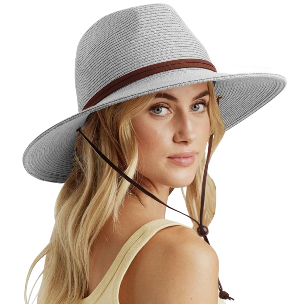 Dreshow Women's Panama Hat With Wind Lanyard: Grey Straw Panama Hat Fedora Adjustable Summer Wide Brim Beach Sun Hat With Wind Lanyard Upf 50+