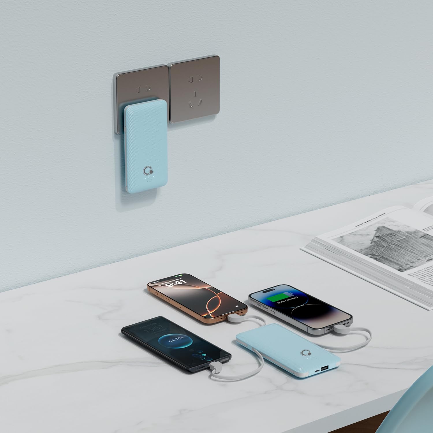 Q Batería externa de 10000 mAh, cargador portátil delgado, paquete de batería externa de 4 salidas con enchufe de pared de CA integrado, micro USB C, 3 cables compatibles con iPhone, Samsung, teléfono