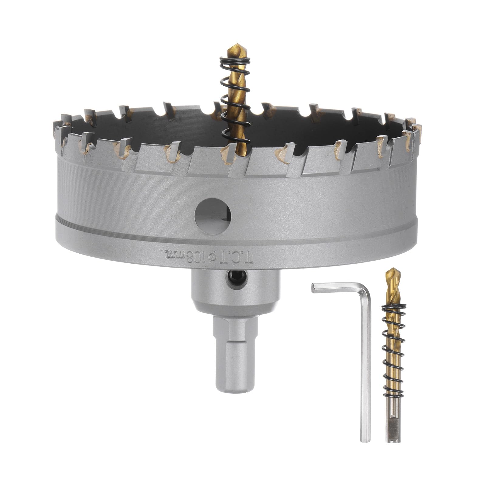 HARFINGTON Carbide Hole Saw Kit 108mm (4-1/4") Metal Hole Cutter Set with 2pcs Center Drill Bits Springs 1pcs Wrench for Stainless Steel Copper Iron