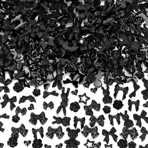 COOSLIM 110 Pieces 3D Nail Charms for Acrylic Nails, Black Camellia Rose Flower Bowknot Heart Bear Rabbit Star Charms for Nail Art Designs DIY Accessories Craft 1