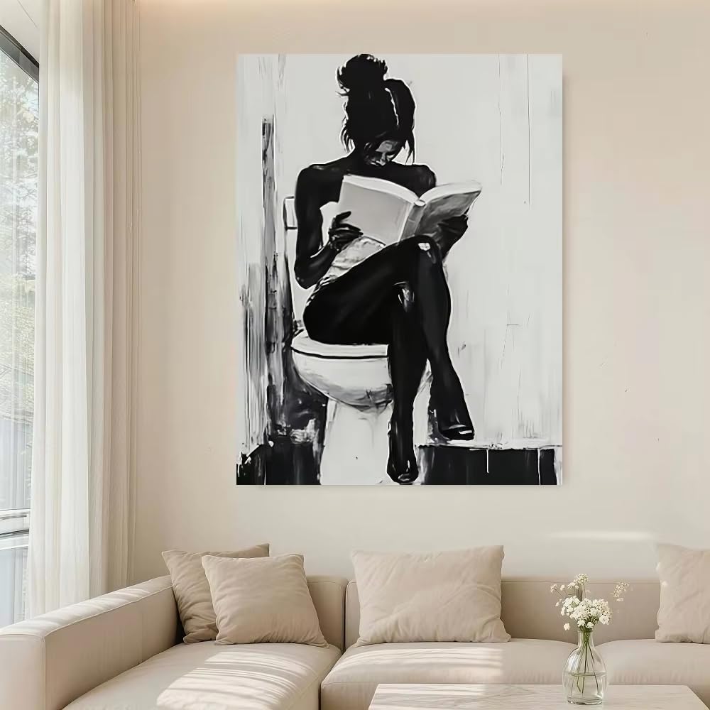 AEFOUU 1pc Modern Abstract Woman Painting - Black and White Bathroom Scene, Canvas Wall Art Prints Artwork Decor for Living Room(30x42cm/12x17in/Frameless)