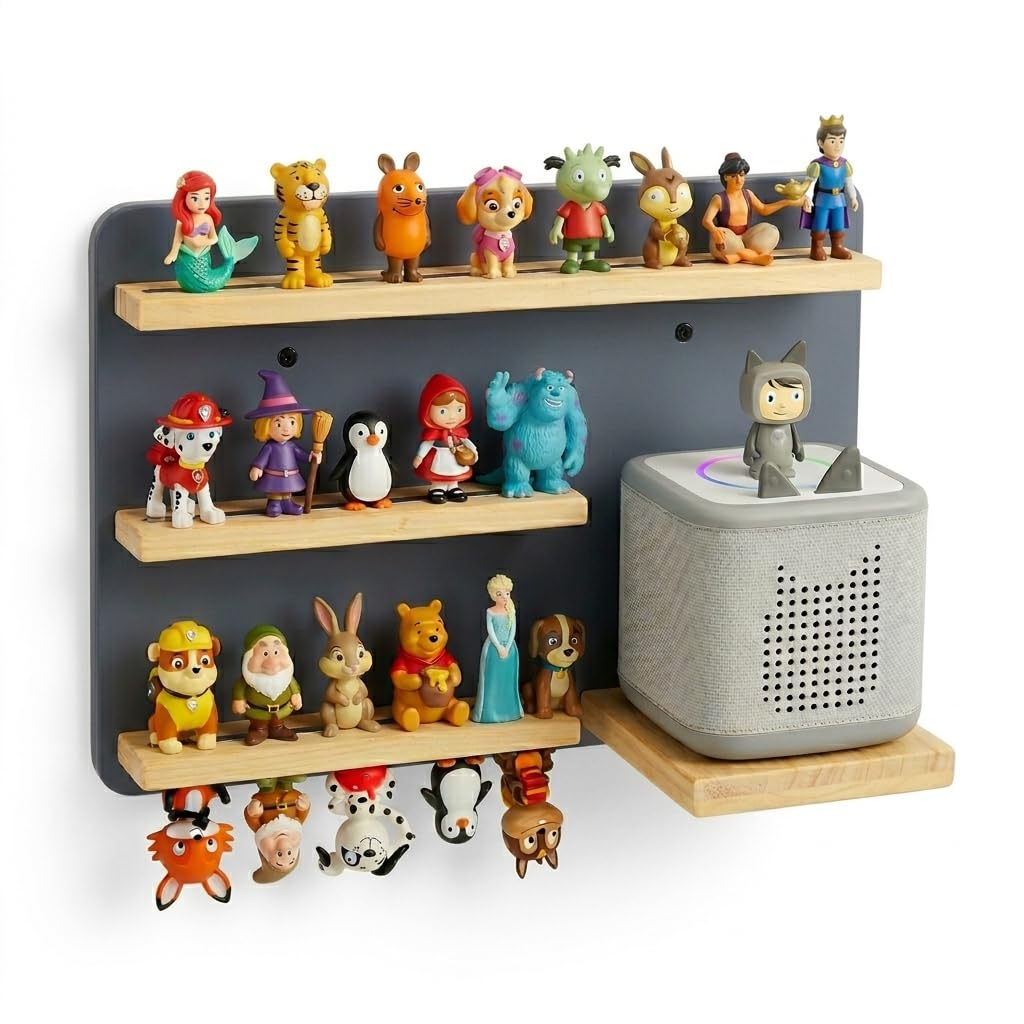 toniebox Starter Set: Practical shelf for up to 18 Tonie figures, compatible with toniebox charging station (dark grey)