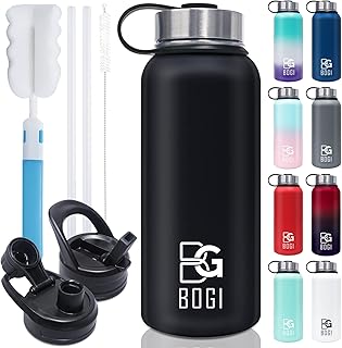 BOGI Insulated Water Bottles 32 oz Stainless Steel Water Bottle with Straw Lid, Spout Lid & Wide-Mouth Cap Vacuum Insulated Water Bottle Sweat-Proof BPA-Free Metal Water Bottle Keeps Hot and Cold