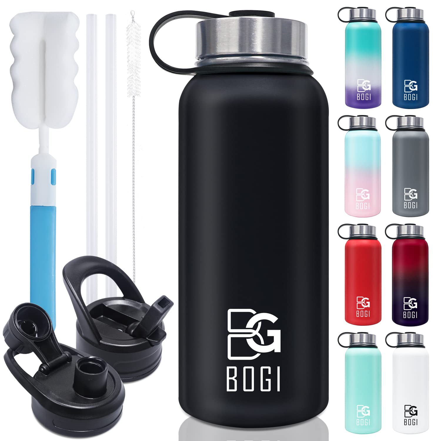 BOGI Insulated Water Bottle 32 oz, Double Wall Vacuum Stainless Steel Water Bottle with Straw and 3 Lids, Sweat-Proof Wide Mouth Metal Water Bottle