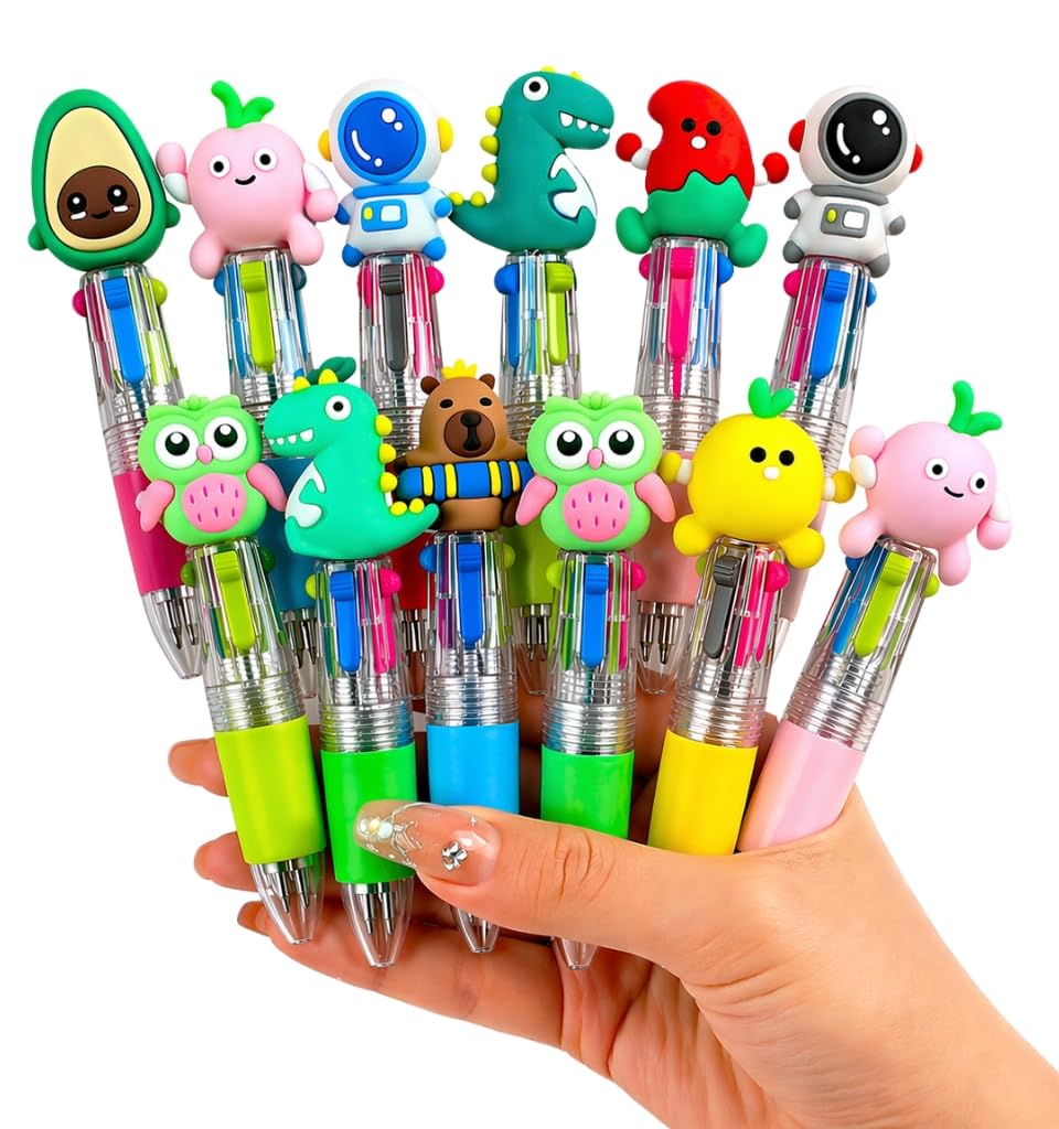 beueyfr Kids Multi Coloured Pens 4 in 1, 12 Pcs Mini Cute Cartoon Ballpoint Pens, Retractable Coloured Pens for School, Party Bag Fillers for Kids, Classroom Rewards, End of Term Gifts