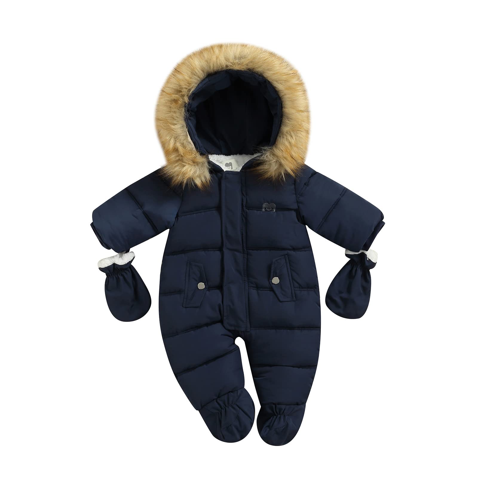 Tute da Bambino con Cerniera in Piumino con Guanti, Tuta da Pagliaccetto Invernale con Cappuccio e Peluche a Tinta Unita con Tasche
