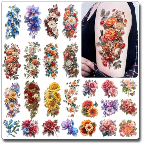 CHARLENT 3D-Blumen-Ärmel-Temporär-Tattoos für Frauen – 25 Blätter realistische Blumen-Fake-Tattoos für Arm, Bein und Körper/Langlebig/Wasserfest