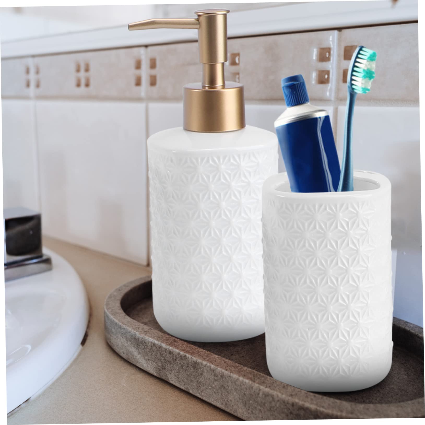 MAGICLULU Dispensador Pasta De Dientes y Jabón Accesorio Baño Vaso Cepillo Dientes Gárgaras