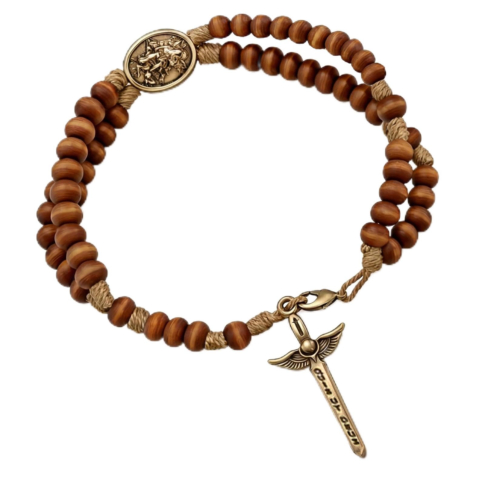 Photo 1 of [Different color] Rlcvecv Catholic Saint Michael Rosary Bracelet,Religious St Michael Corded Wood Rosary Bracelet for Men & Women