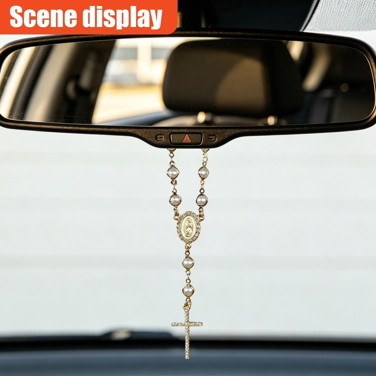 Cross Car Hanging Ornament, Personalized Pearl & Rhinestones Car Rear View Mirror Charm, Stylish Universal Automotive Interior Pendant Decoration for Most Cars (Gold) image 3