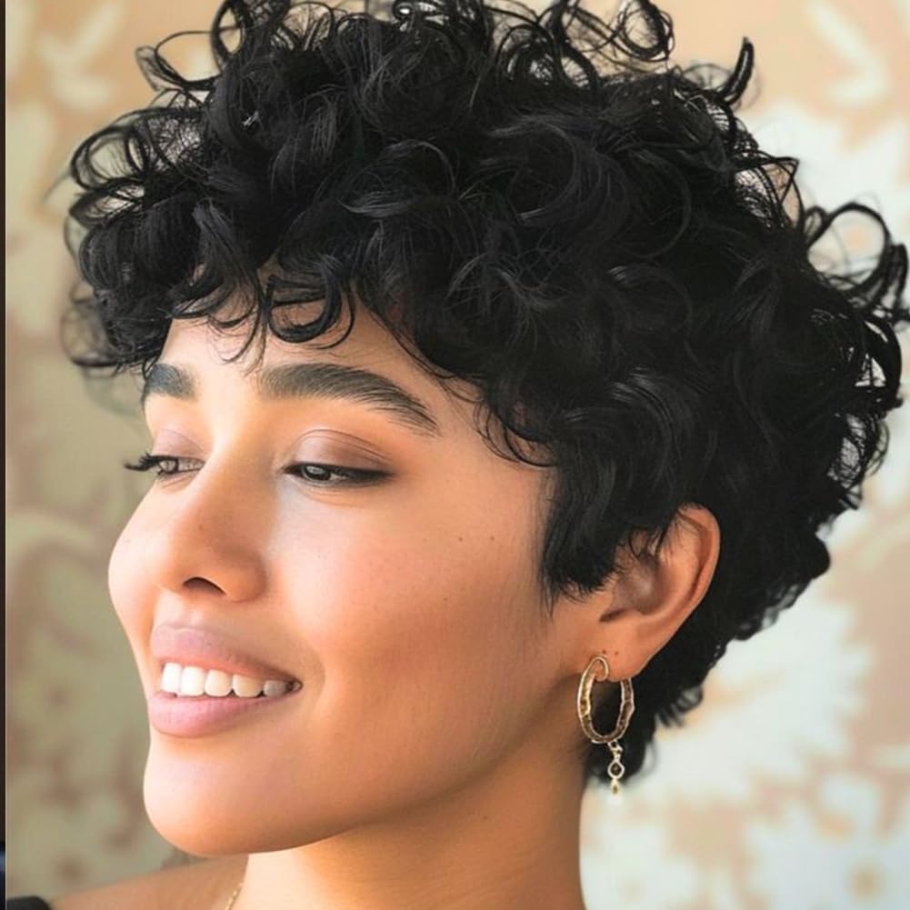 BingSing Pixie Cut Wigs Short Curly Wig for Black Women Black Bob Wig for Women Black Short Hair Curly Afro Wigs with Bang