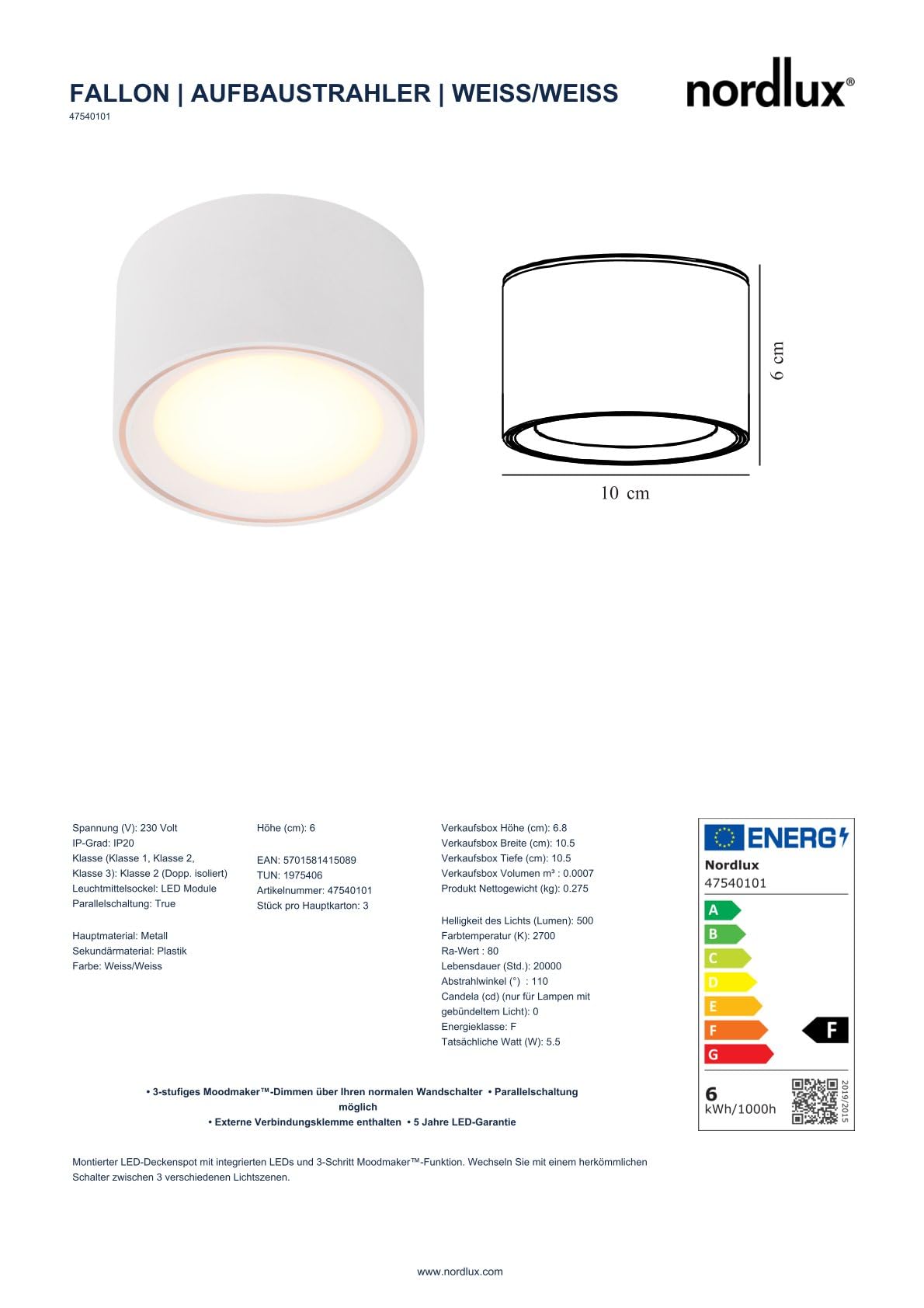 Nordlux Fallon LED Aufbaustrahler 2er-Set Weiß – Dimmbarer Decken-Spot mit 3-Stufen Moodmaker™, 2700K Warmweiß, Flaches Design für Flur, Küche & Wohnzimmer