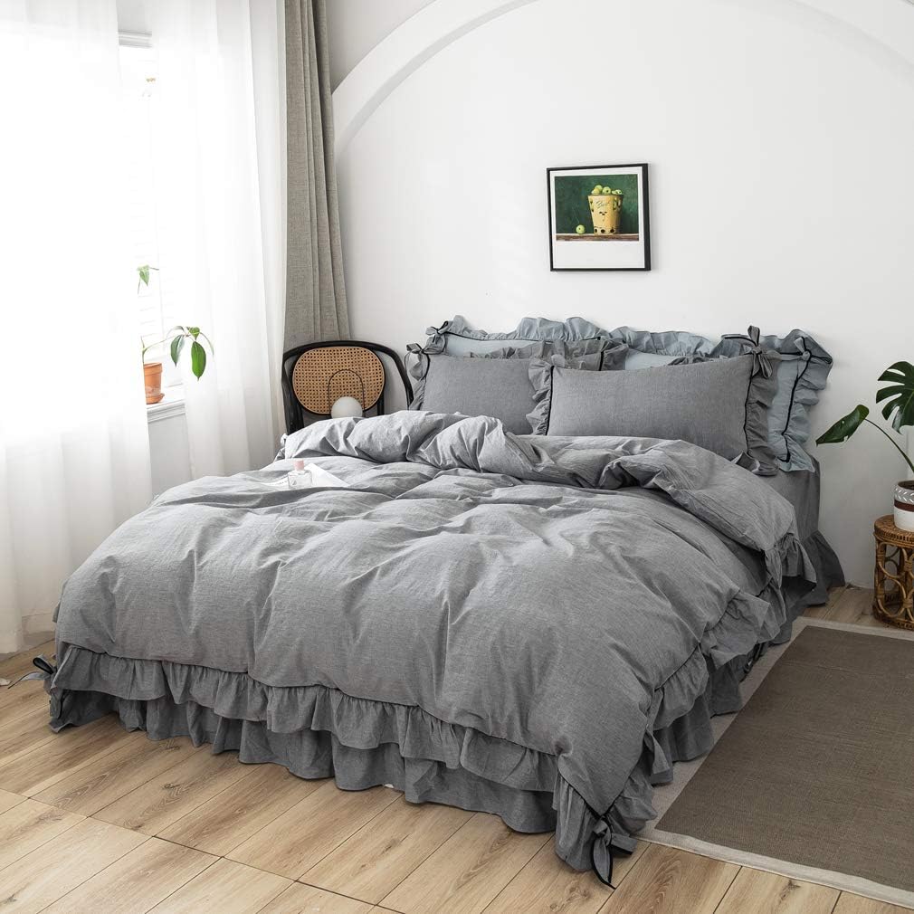 フリル付き 可愛い 寝具カバーセット 掛け布団カバー 3点セット ベッドシーツ フラットシーツ 敷ふとんカバー マットレス 洋式 和式 無地 シンプル シングルロング ダブル キングサイズ 綿100 コットン リボン付き Faz Co Zm