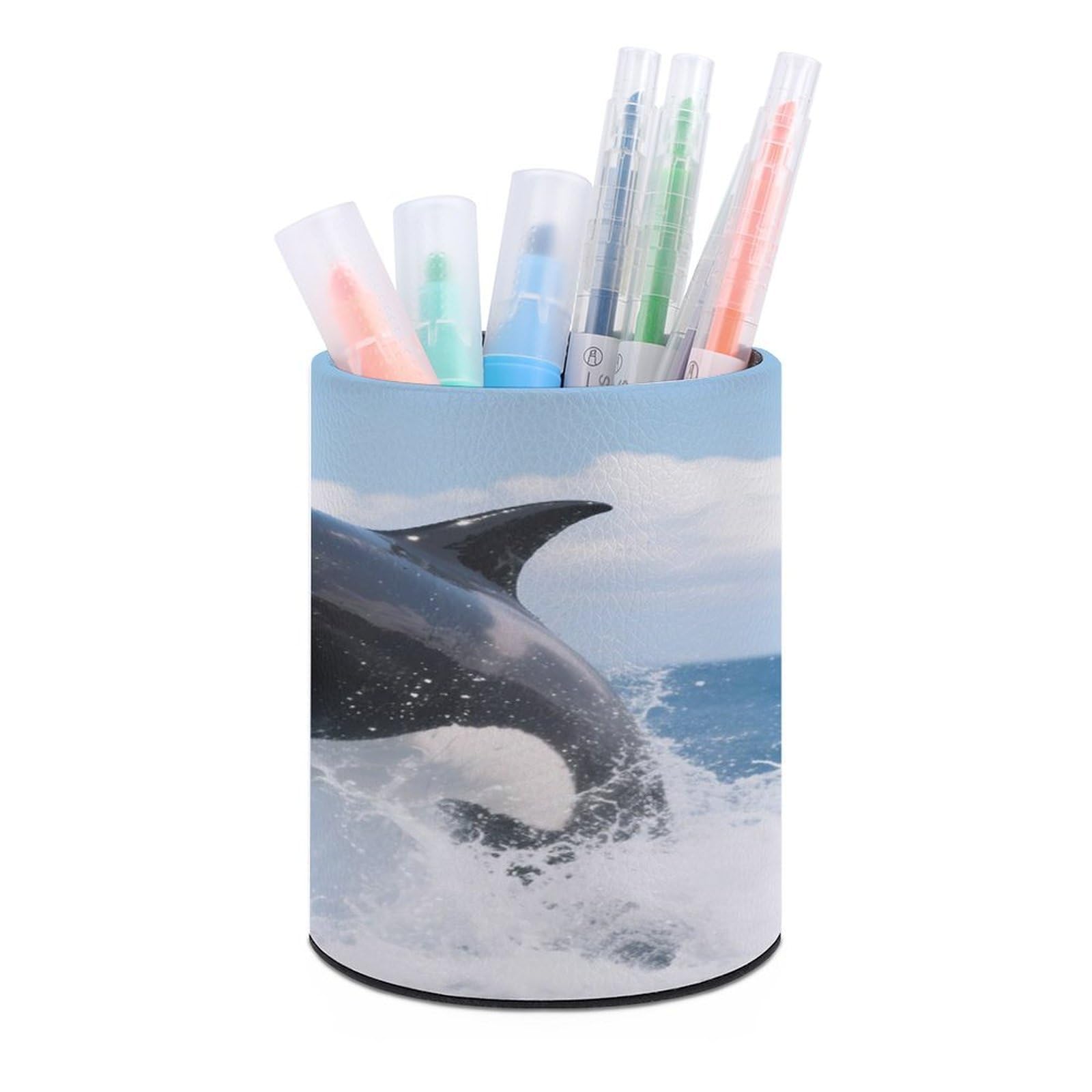 VstaDank Whale Pen Holder Round Pencil Holder for Desk Organizer PU Leather Pencil Cup Makeup Brush Holders Modern Pen Cup Large Pen Organizer for Office Home Ideal Gift