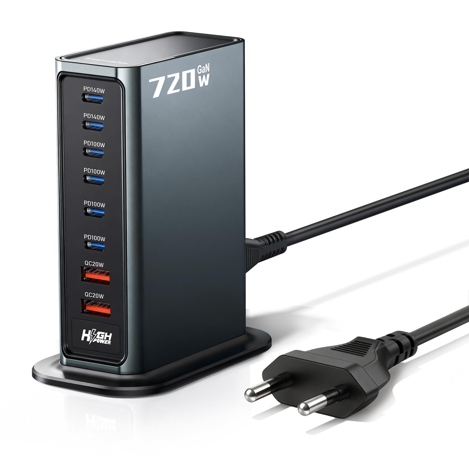 Caricabatterie multiporta USB-C Rocoren da 720W, Stazione di Ricarica Rapida PD da 140W 8 Porte con 4 C e 2 Porte A Adattatore di Alimentazione USB GaN per Laptop MacBook iPad iPhone Samsung