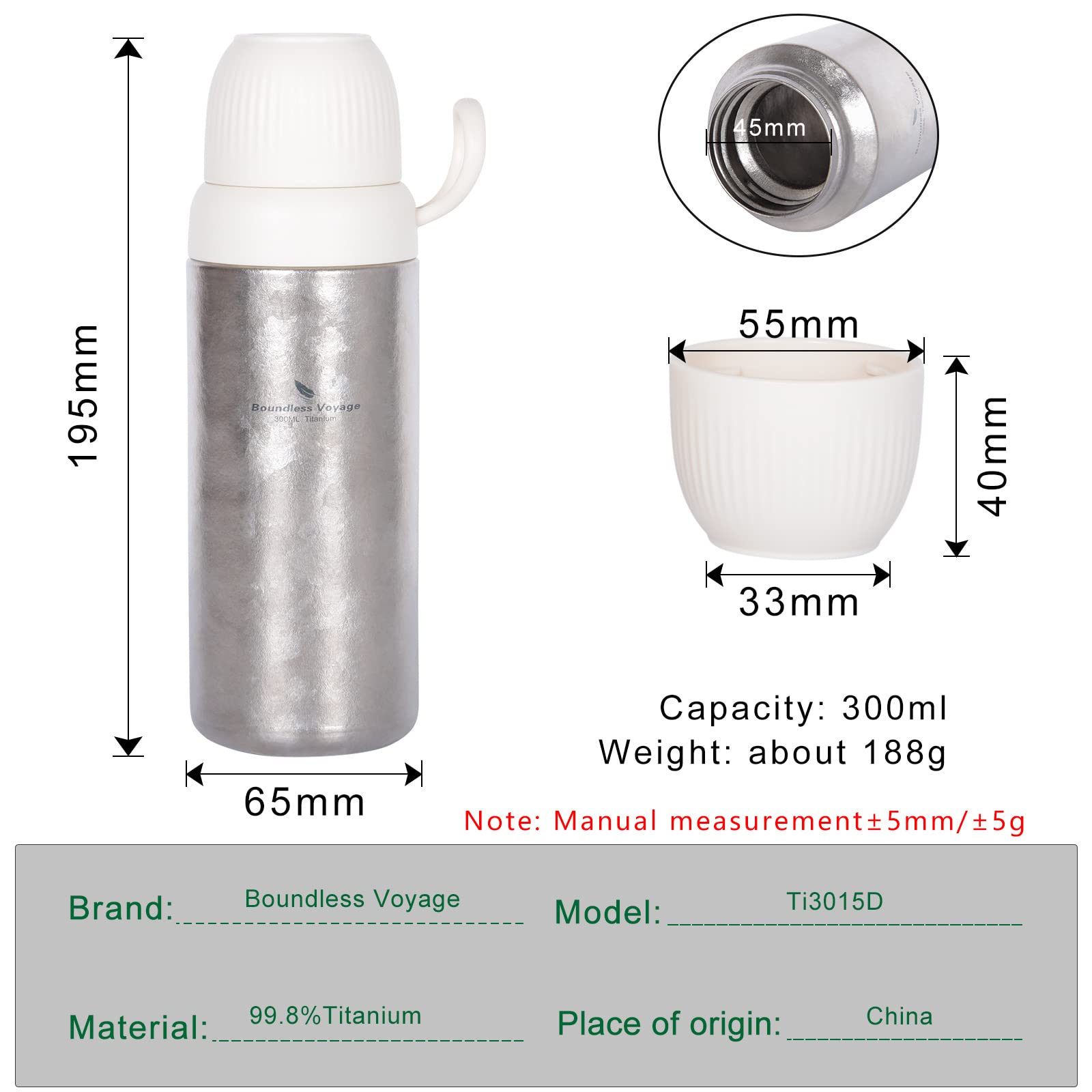 Boundless Voyage Bouteille isotherme en titane - Anti-fuite - Pour le sport, l'école, le fitness, l'extérieur, le camping - Ti3015D