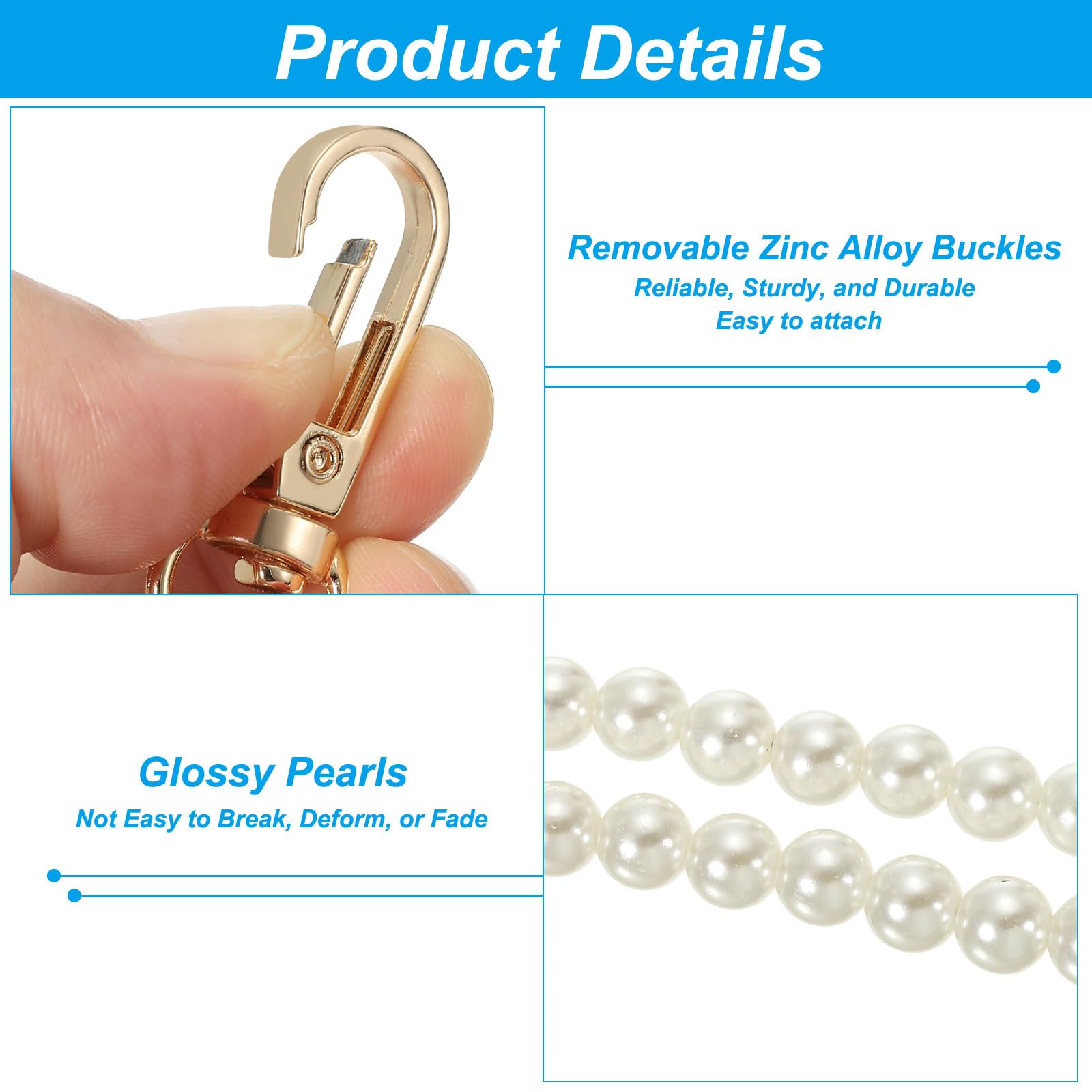 PATIKIL Imitation Pearl Bead Purse Chain Strap 39", Pearl Bag Chain Handbag Clutch Replacement with Metal Buckle for DIY Handbag Wallet Clutch Crafts Making, Light Gold - Image 4