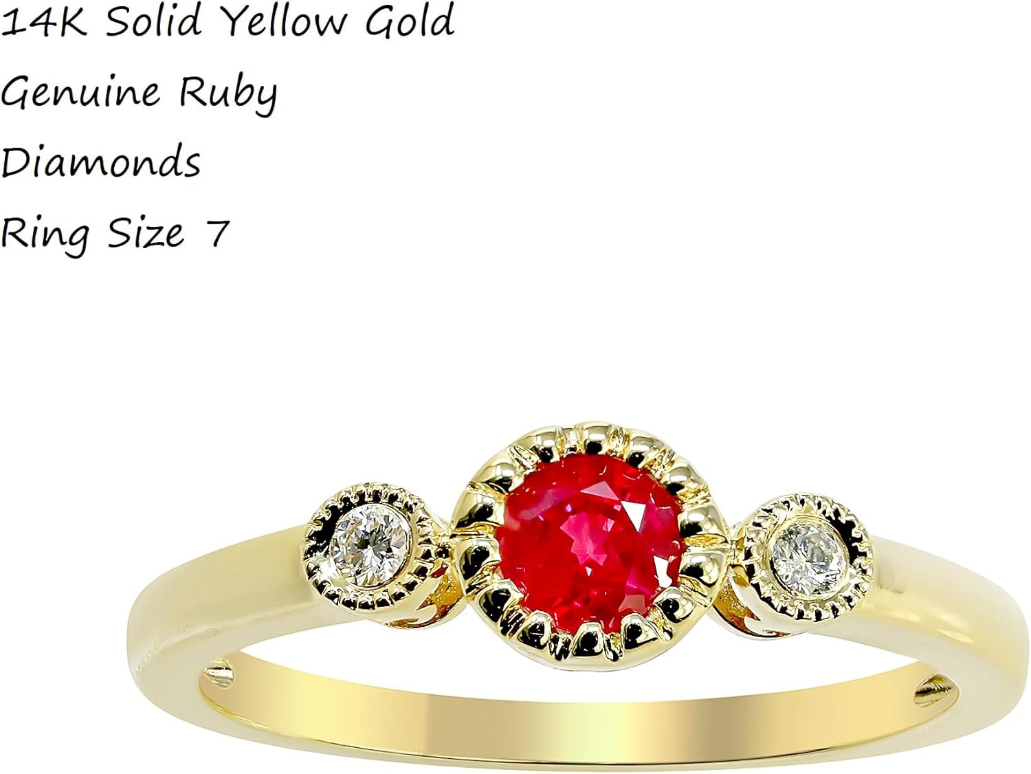 14K Yellow Gold Genuine Ruby 3/8 Ct Round, Diamond Band Ring Size 7