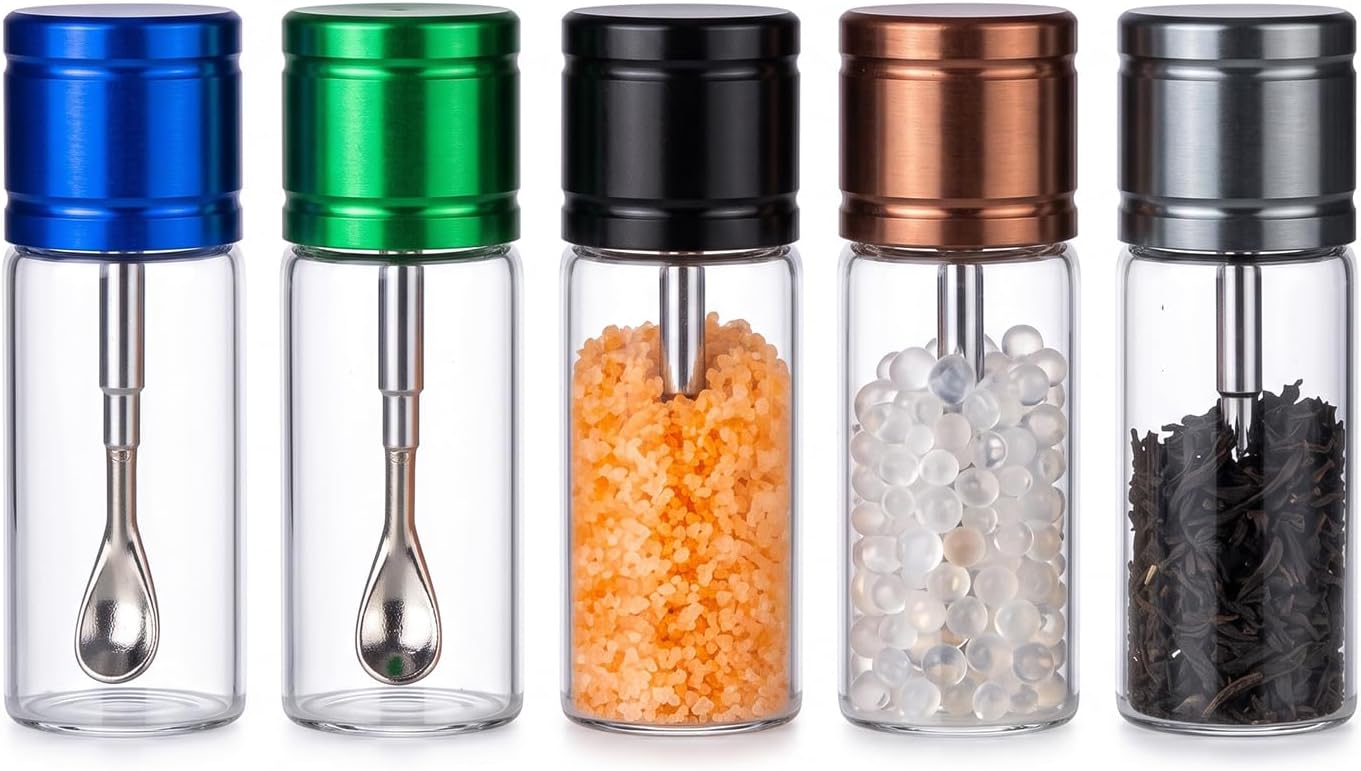 5-Pack Mini Glass Storage Box, Sealing Spices Jar Container with Spoon, Compact Portable Travel Food Storage Case for Spices, Condiment, Salt- Fit Home,Outdoor,Kitchens,Camping
