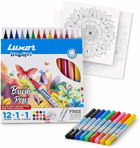 Luxor Doodles Brush Pens with FREE Mandala Art Kit | 13 Shades + Blender | Ultra Soft Tip for Calligraphy, Coloring &amp; Dood...