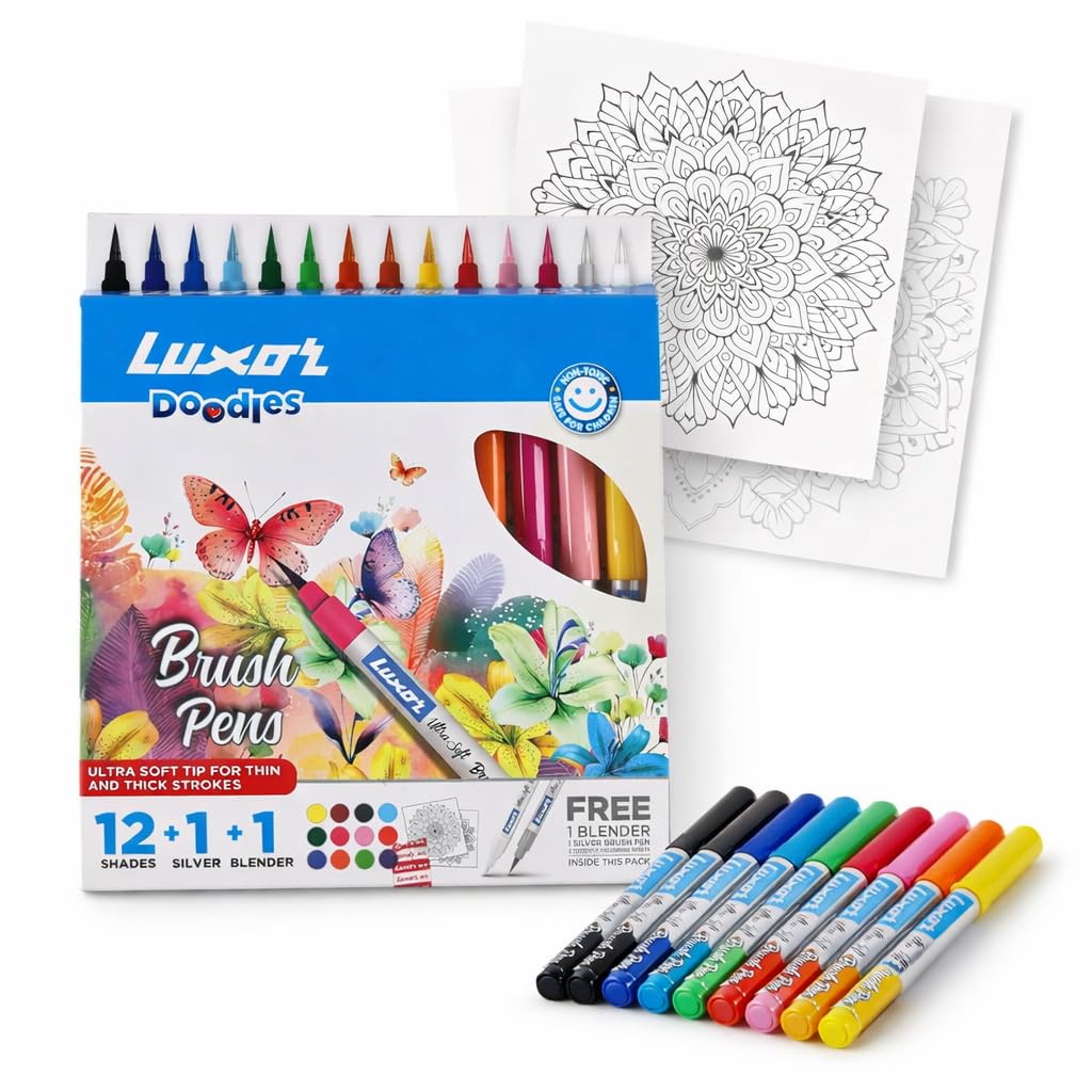 Luxor Doodles Brush Pens with FREE Mandala Art Kit | 13 Shades + Blender | Ultra Soft Tip for Calligraphy, Coloring & Dood...
