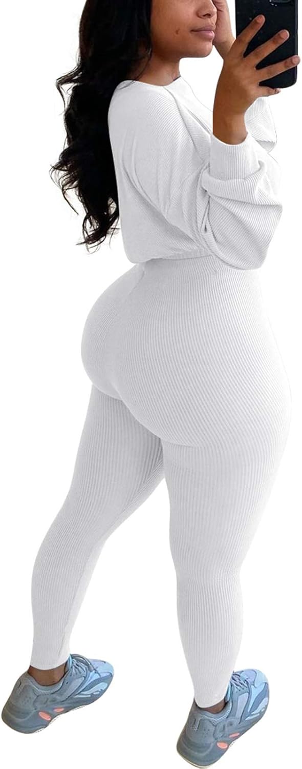 Womens Ribbed 2 Piece Outfits Long Sleeve Crop Top Pullover Skinny Long Pants Sweatsuits Set Tracksuit - Image 2