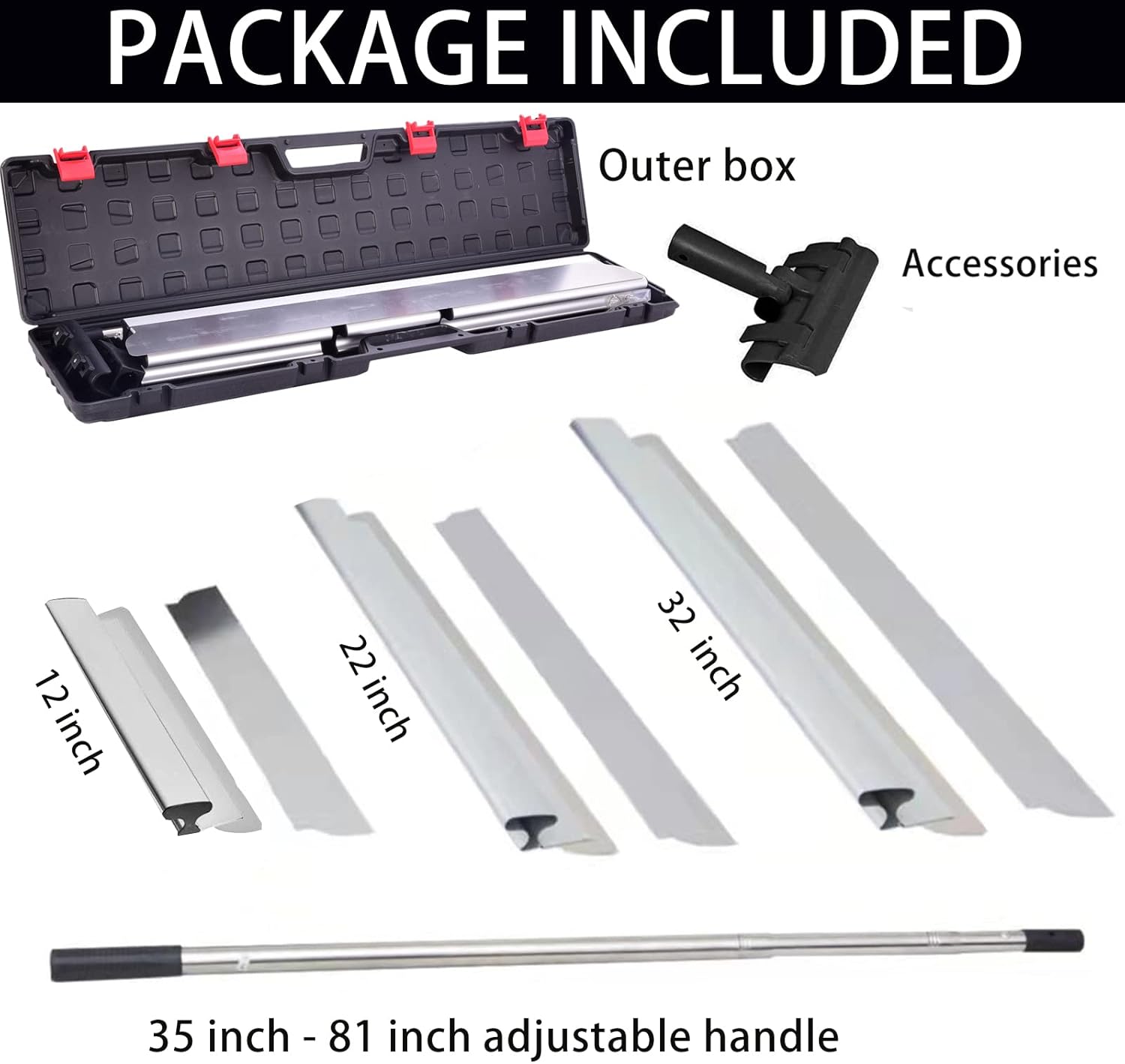 BHTOP Drywall Tools Skimming Blade with Extension Handle - 12", 22" & 32" Blades Extruded Aluminum 301 Stainless Steel Construction Tools End Caps, Wall-Board with 0.5mm&0.35mm Thickness